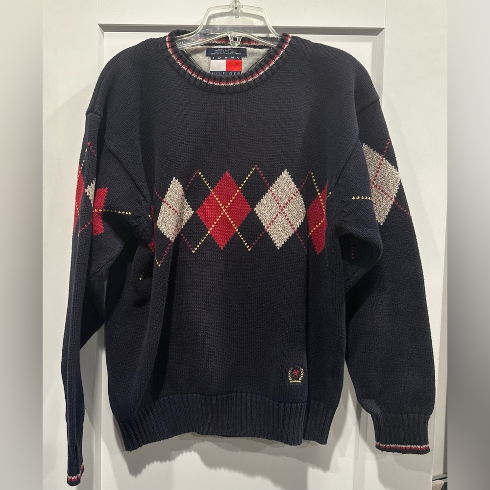 VintageTommy Hilfiger Navy and Red Argyle Crewneck Sweater